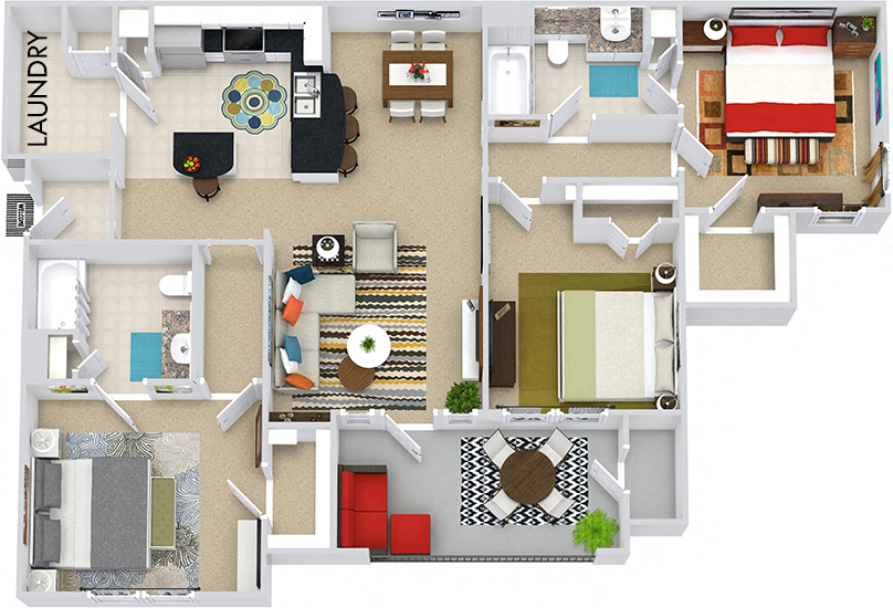 Floor plan for 3 beds, 2 baths, 1297 sqft